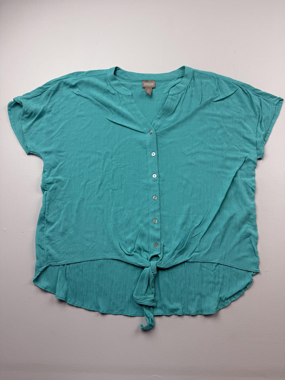 Chico's Blouse Womens 2 Green V Neck Short Sleeve Button Tie Hem Lightweight Top
